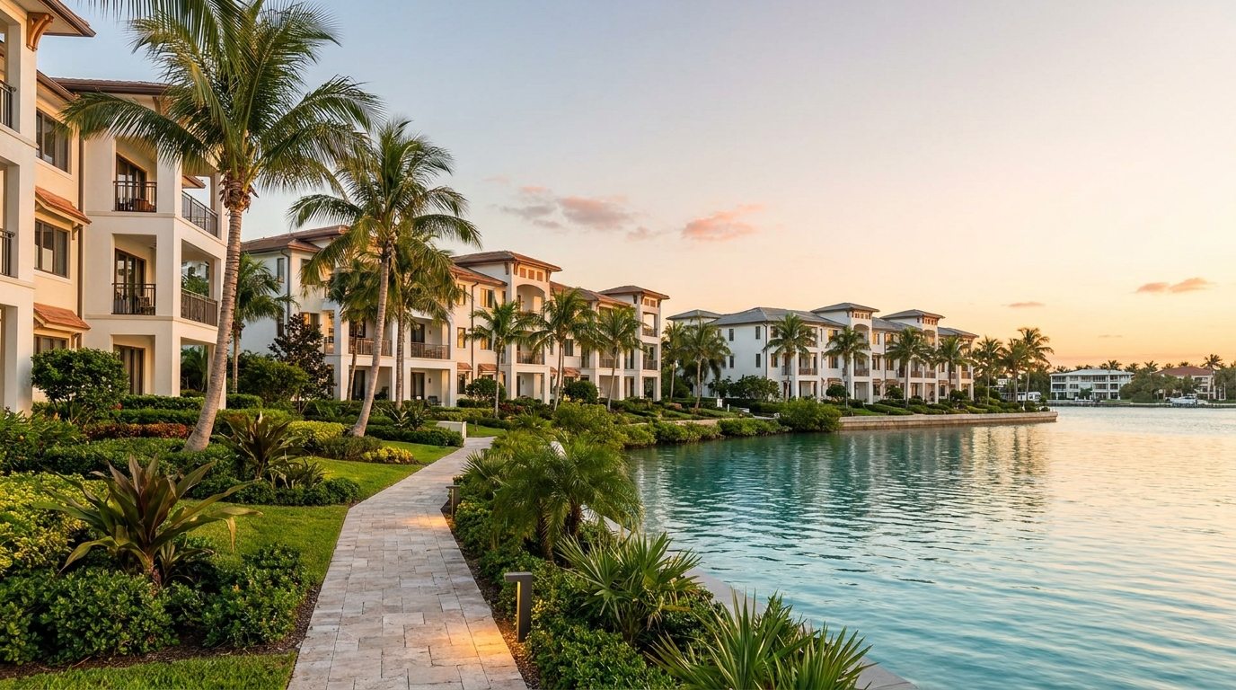 Upscale Florida waterfront condominium community framed by palm trees at golden hour